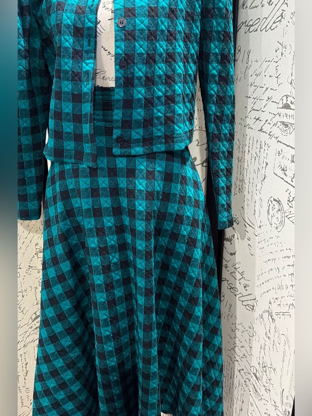 Vintage Teal and Black Check Two-Piece Skirt Set - Picture 3 of 15